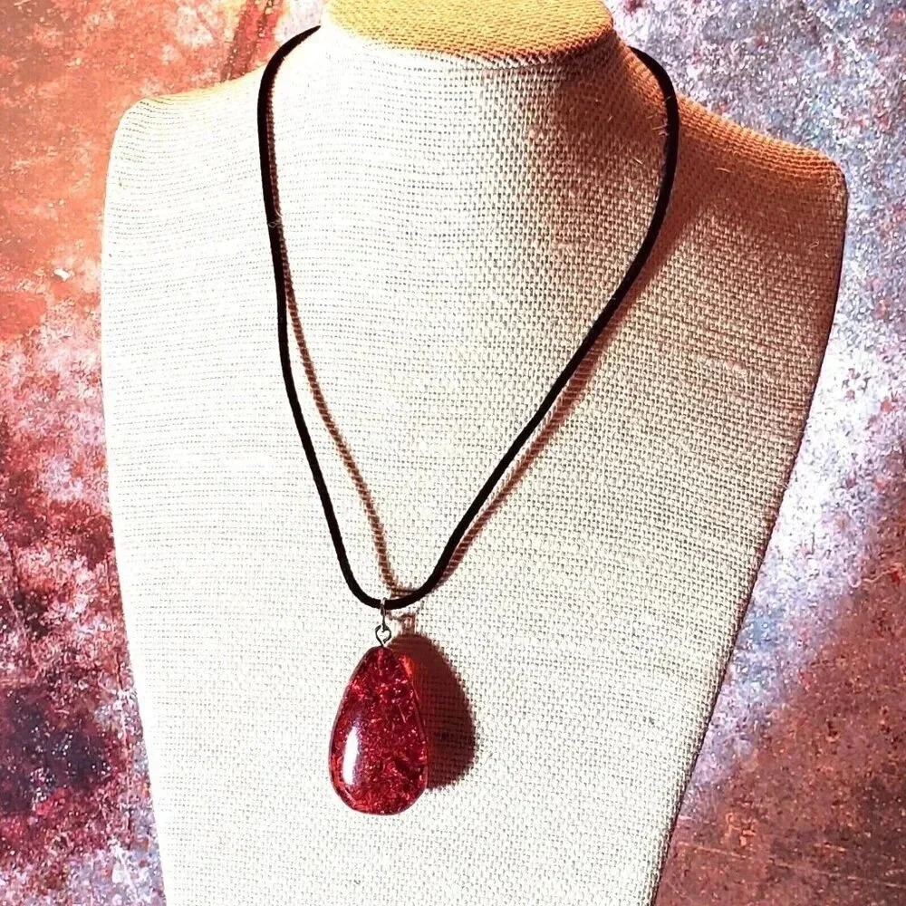 Orange Red Faux Baltic Amber Chunky Puffed Teardrop Pendant Necklace